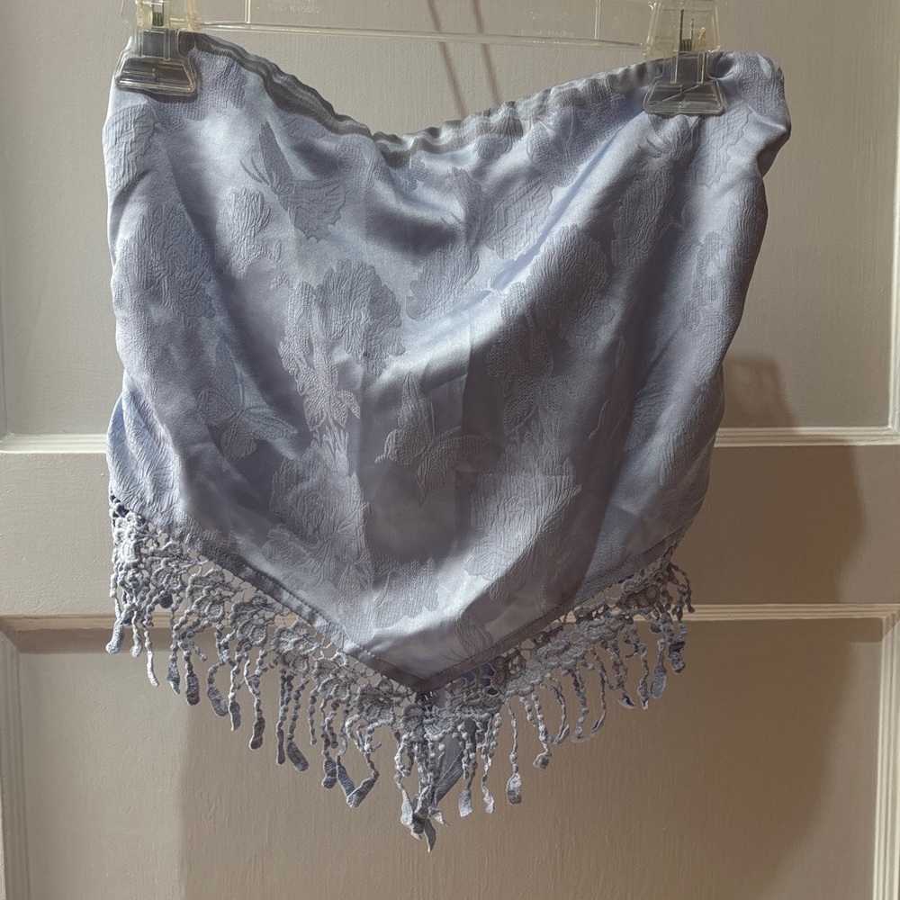 Periwinkle Satin Jacquard Fringe Strapless Crop Top